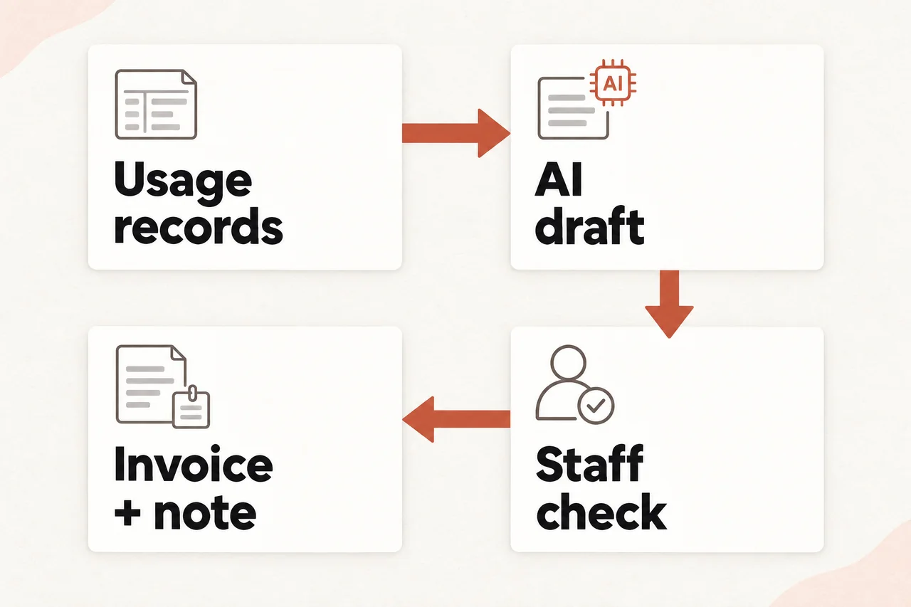 Usage records feed an AI draft of the explanation, staff check it, and the invoice goes out with the note.