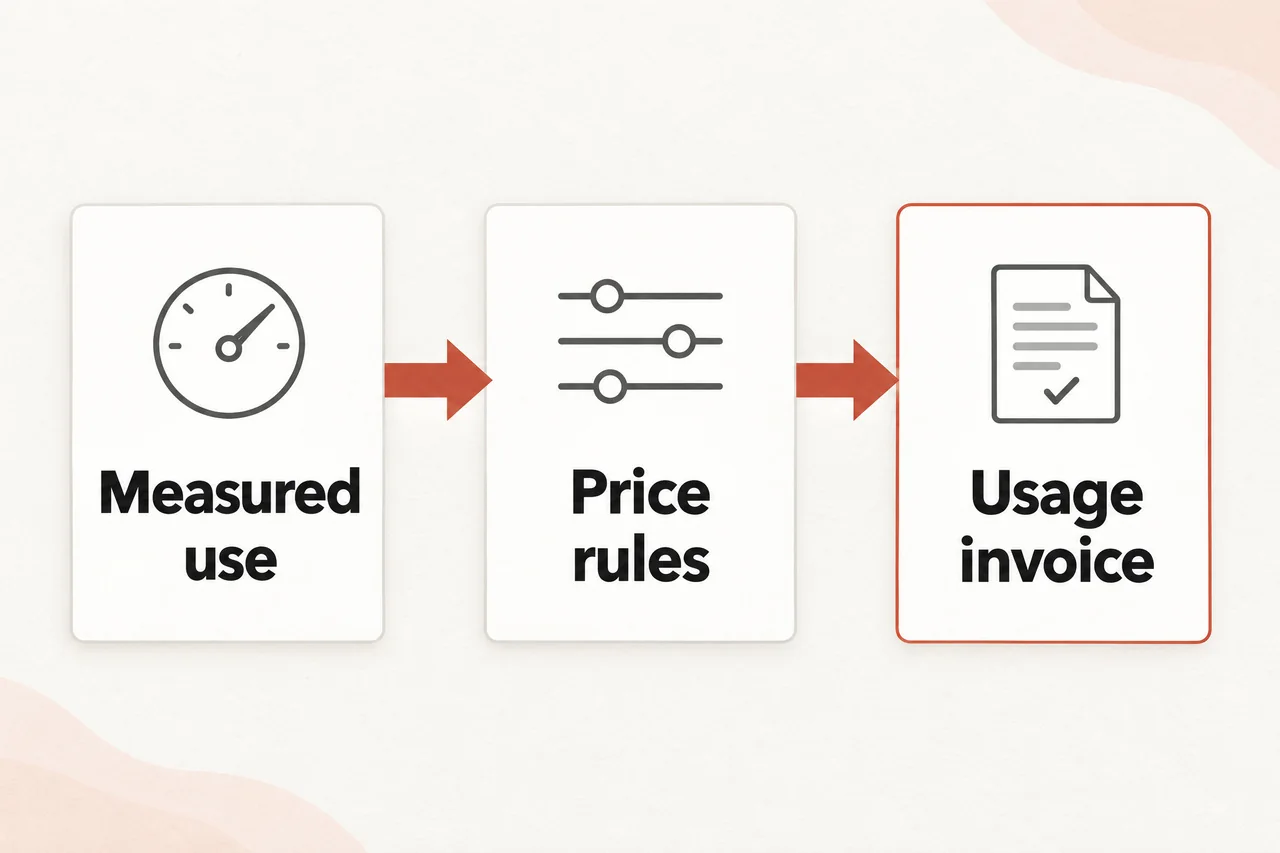 Measured use feeds price rules, which produce a usage invoice.