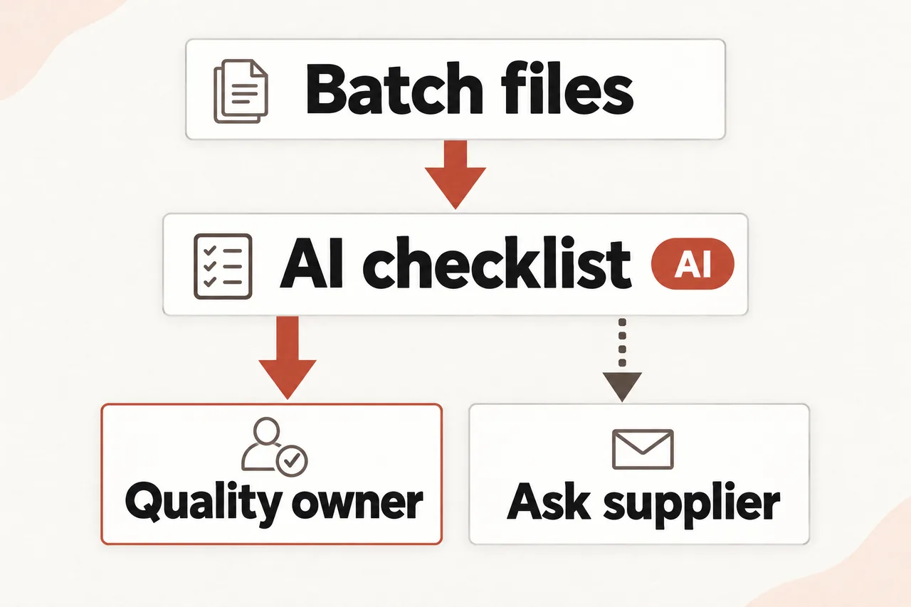 Batch files point down to an AI checklist (marked AI), which points down to Quality owner on the left; a dotted arrow leads down to Ask supplier on the right.
